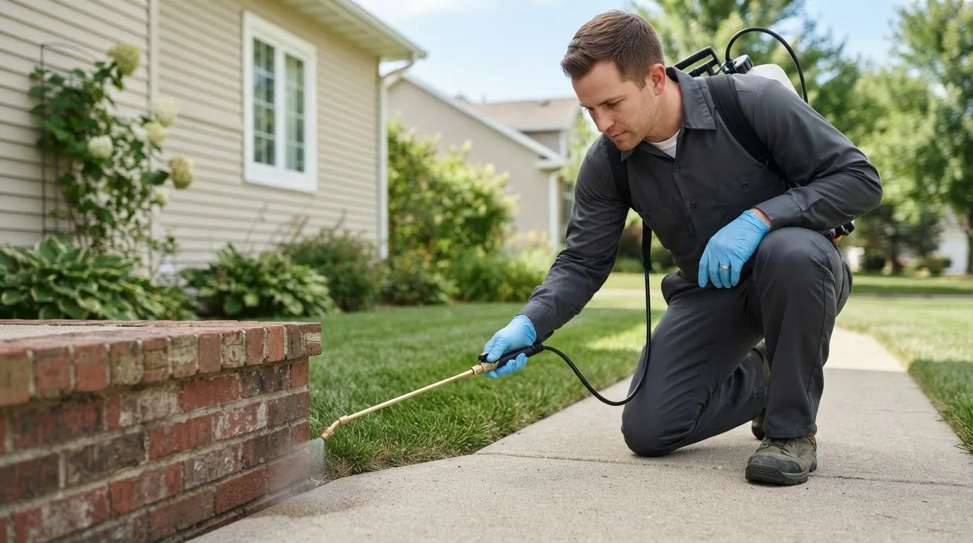 Pest control technician treating a home near Levasy, MO
