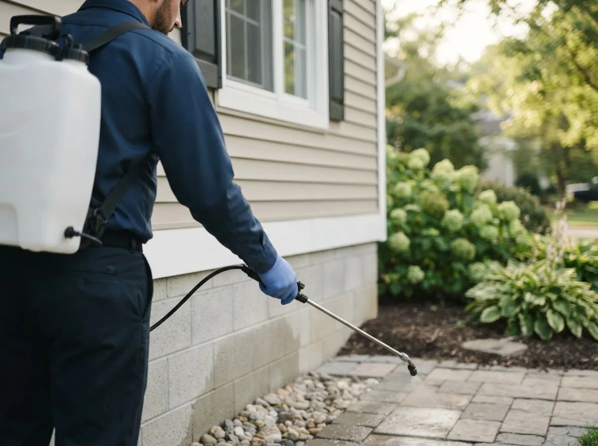 Pest control technician inspecting a home in Levasy, MO